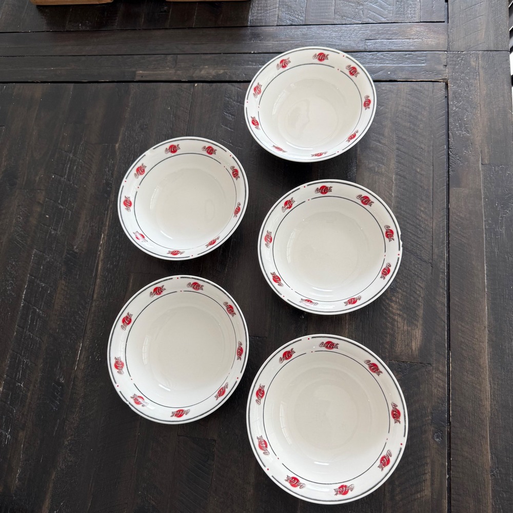 Sakura Coca-Cola Stoneware Cereal Soup Bowls White Red Logo Set of 5 Retro Diner
